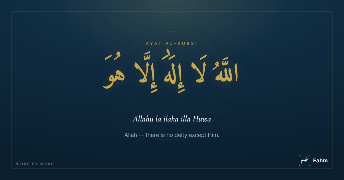 Arabic text of Ayatul Kursi with English word-by-word translation and transliteration in a clean study layout.