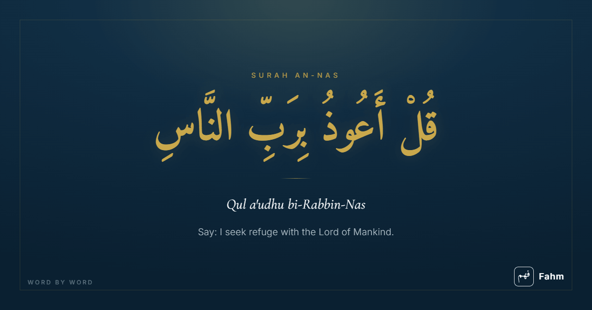 Arabic text of Surah An-Nas with English word-by-word translation displayed in a clean study card layout.